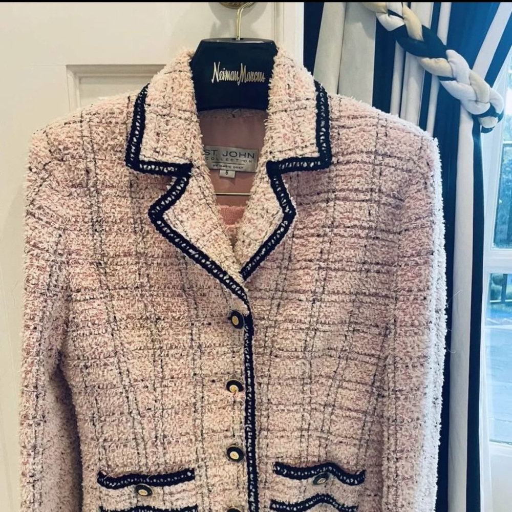 St. John Blush Tweed Blazer with Gold and  Black Accents